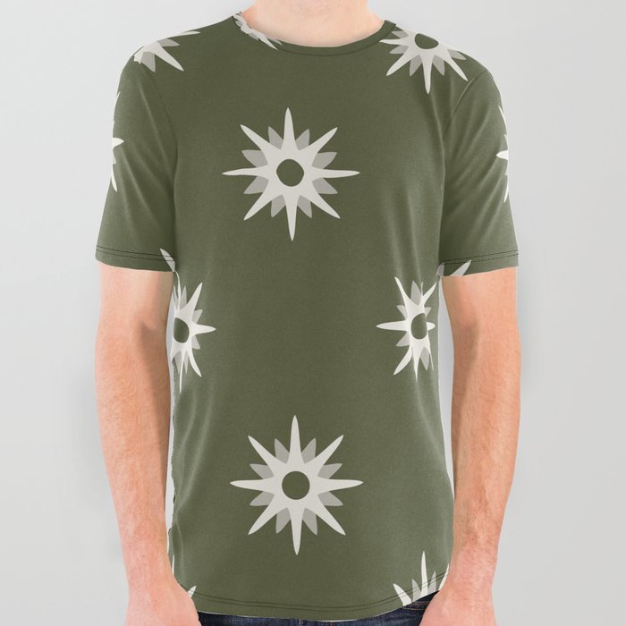 Olive green atomic mid century white stars pattern All Over Graphic Tee