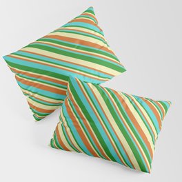 [ Thumbnail: Pale Goldenrod, Chocolate, Turquoise & Forest Green Colored Lines Pattern Pillow Sham ]