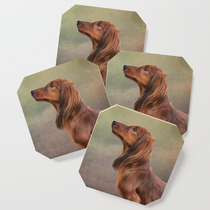 Dog Breed Long Haired Dachshund Portrait Oil Painting Coaster By