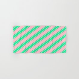 [ Thumbnail: Pink and Green Colored Stripes/Lines Pattern Hand & Bath Towel ]