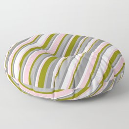 [ Thumbnail: Eye-catching Green, Dark Grey, Gray, White & Pink Colored Pattern of Stripes Floor Pillow ]