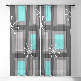 Mid Century Modern Art 'Wonky Doors' Turquoise Black Sheer Curtain
