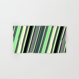 [ Thumbnail: Colorful Grey, Dark Slate Gray, Green, Light Yellow, and Black Colored Striped Pattern Hand & Bath Towel ]