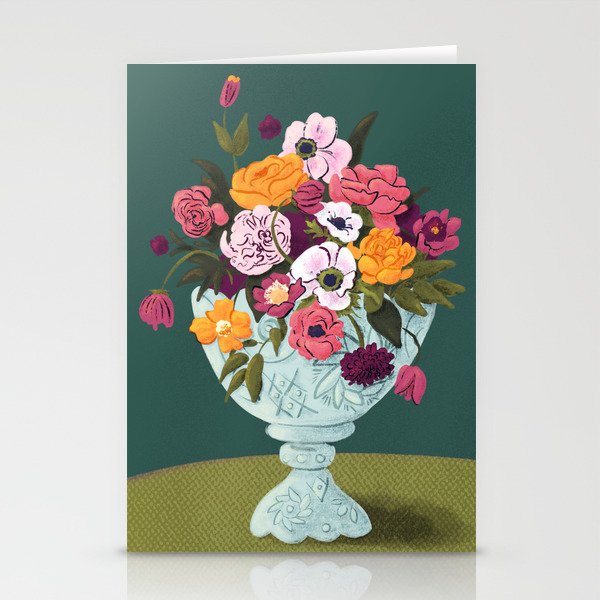 Saturated Springtime Flower Bouquet in Vintage Milk Glass Vase | Bold Colorful Floral Stationery Cards