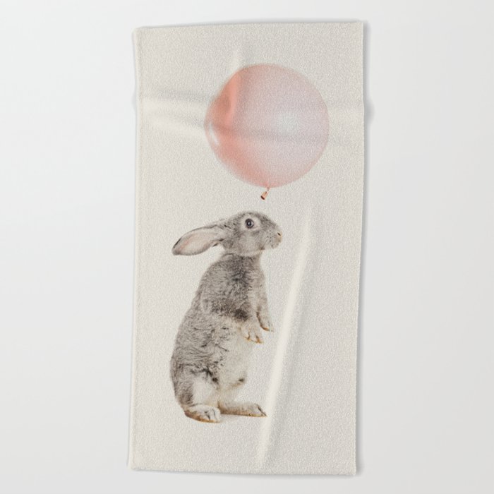 Cute rabbit and pink balloon Beach Towel