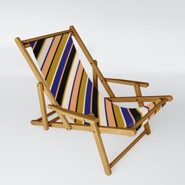 [ Thumbnail: Eye-catching Brown, Black, Dark Goldenrod, Beige & Midnight Blue Colored Stripes/Lines Pattern Sling Chair ]