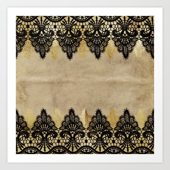 Elegance- Ornament black and gold lace on grunge paper backround Art Print
