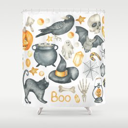 Halloween set: bat, black cat, spider, black crow and witch tool. Isolated elements on a white background. Watercolor hand drawing. Shower Curtain