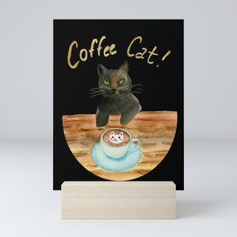 Black Cat Drinking Coffee Mini Art Print