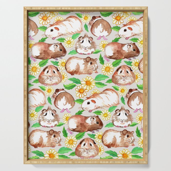 Guinea Pigs and Daisies in Watercolor Serving Tray