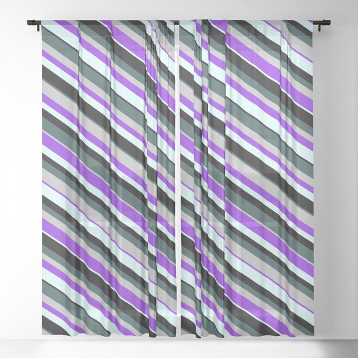 Eye-catching Dark Slate Gray, Grey, Purple, Light Cyan, and Black Colored Lines Pattern Sheer Curtain
