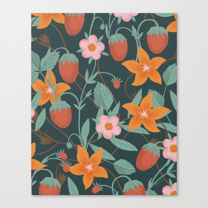 Strawberries and Flowers Field Teal Canvas Print
