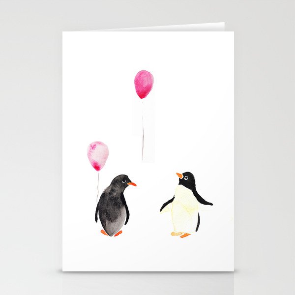 Watercolor Penguins and Balloons Stationery Cards