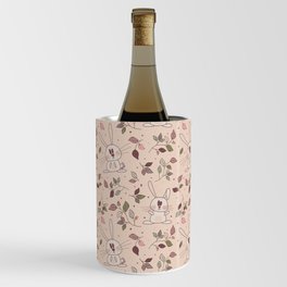 Adorable rabbits with autumn leaves and berries in pink colors Wine Chiller