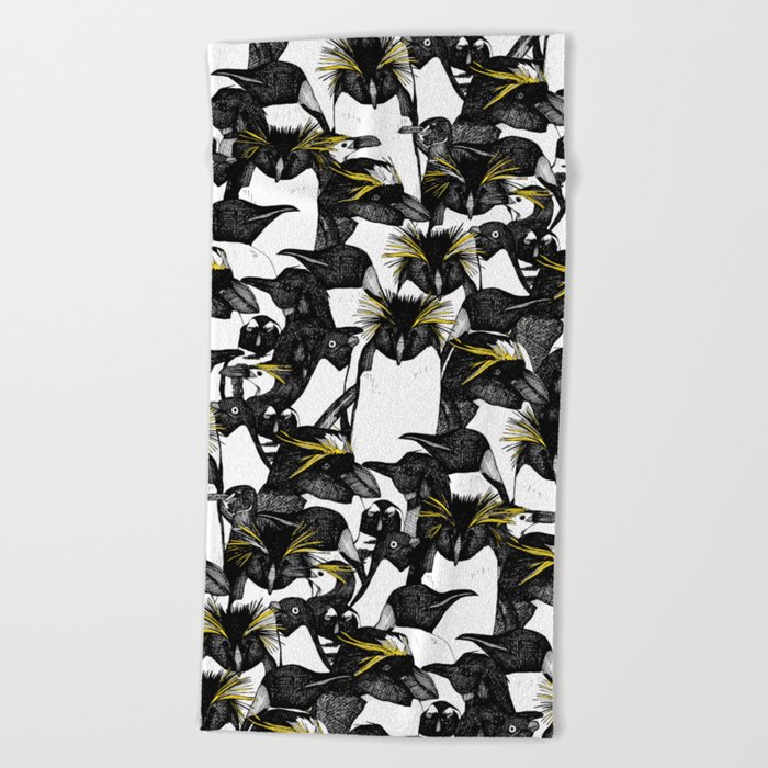 just penguins black white yellow Beach Towel