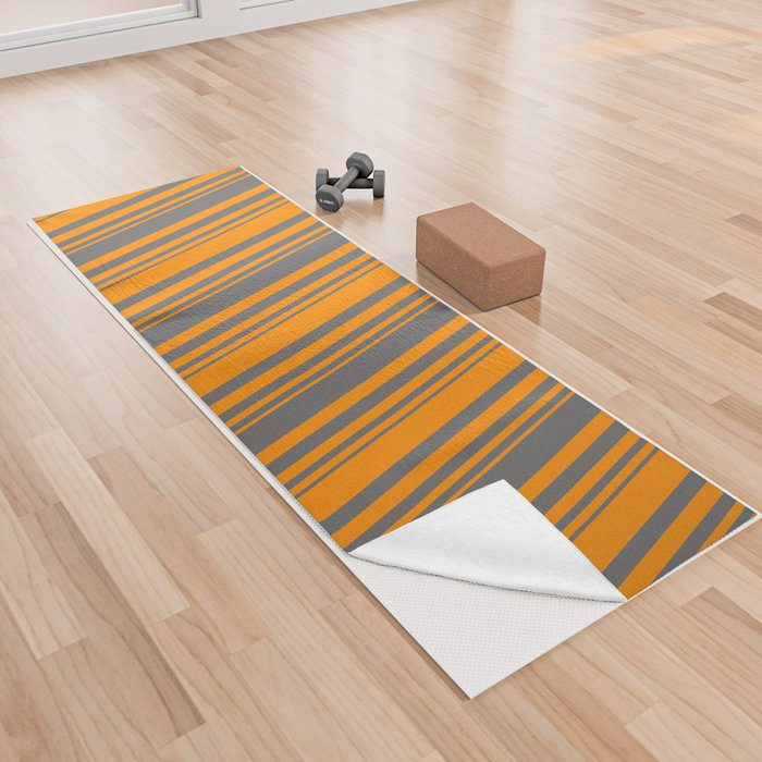 Dark Orange and Dim Grey Colored Pattern of Stripes Yoga Towel