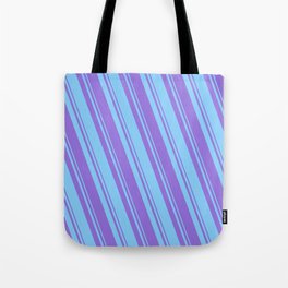 [ Thumbnail: Light Sky Blue & Purple Colored Striped/Lined Pattern Tote Bag ]