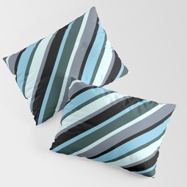 [ Thumbnail: Slate Gray, Black, Sky Blue, Dark Slate Gray & Light Cyan Colored Striped Pattern Pillow Sham ]