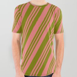 [ Thumbnail: Light Coral & Green Colored Striped/Lined Pattern All Over Graphic Tee ]