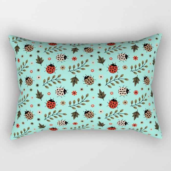 Ladybug and Floral Seamless Pattern on Seafoam Background Rectangular Pillow