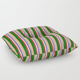 [ Thumbnail: Colorful Slate Blue, Beige, Brown, Dark Green, and Tan Colored Lines Pattern Floor Pillow ]