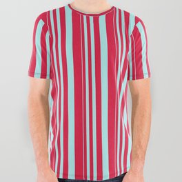 [ Thumbnail: Turquoise & Crimson Colored Stripes/Lines Pattern All Over Graphic Tee ]