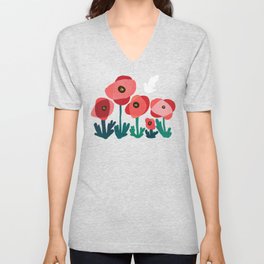 Poppy flowers and bird V Neck T Shirt