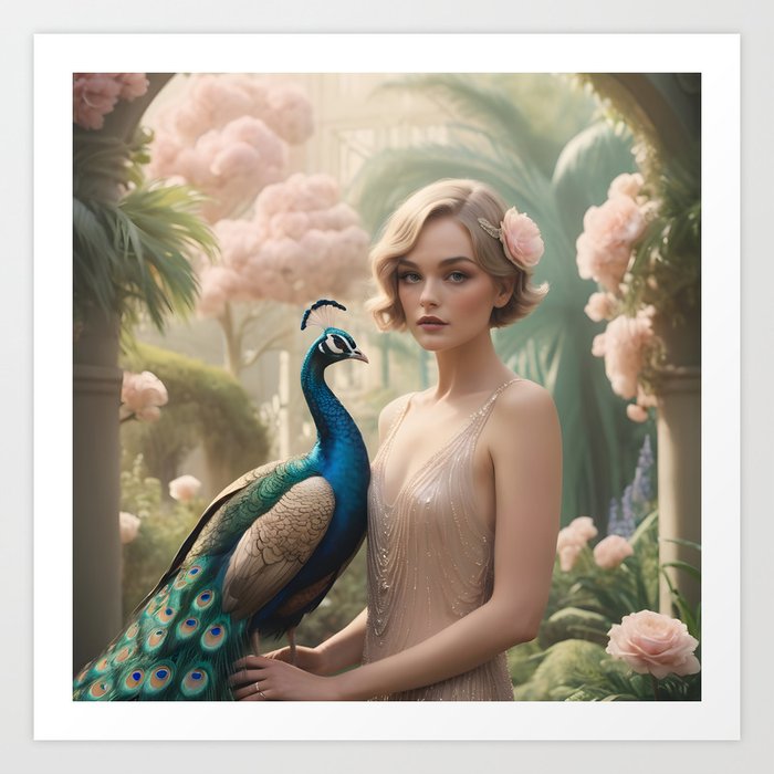 Model Enchants with Peacock Art Print