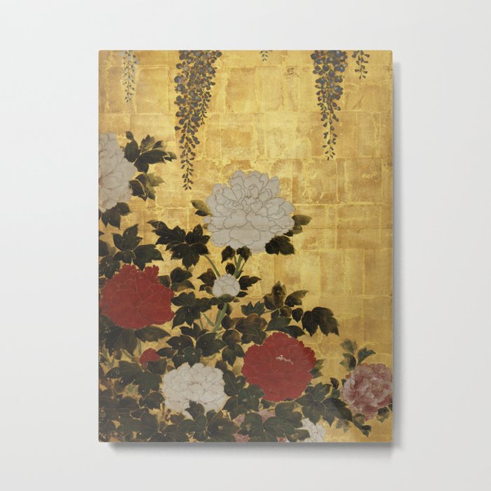 Vintage Japanese Floral Gold Leaf Screen With Wisteria and Peonies Metal Print