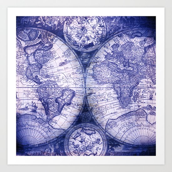 World Map Antique Vintage Navy Blue Art Print