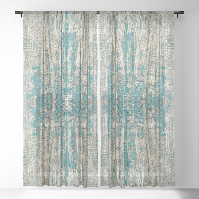 Rustic Wood Turquoise Weathered Paint, Wood Grain Window Curtains
