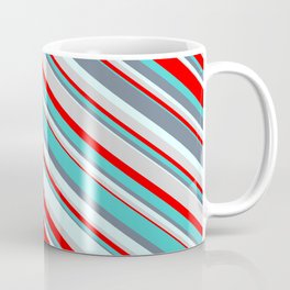 [ Thumbnail: Colorful Light Grey, Red, Turquoise, Slate Gray & Light Cyan Colored Pattern of Stripes Coffee Mug ]