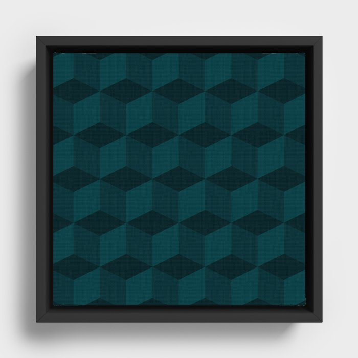 70s Abstract Retro 3D Cubes Illusion Dark Petrol Blue Pattern Framed Canvas