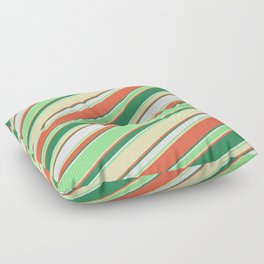 [ Thumbnail: Colorful Red, Sea Green, Mint Cream, Light Green & Beige Colored Lined/Striped Pattern Floor Pillow ]