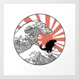 Godzilla Rising Sun The Great Wave  Art Print