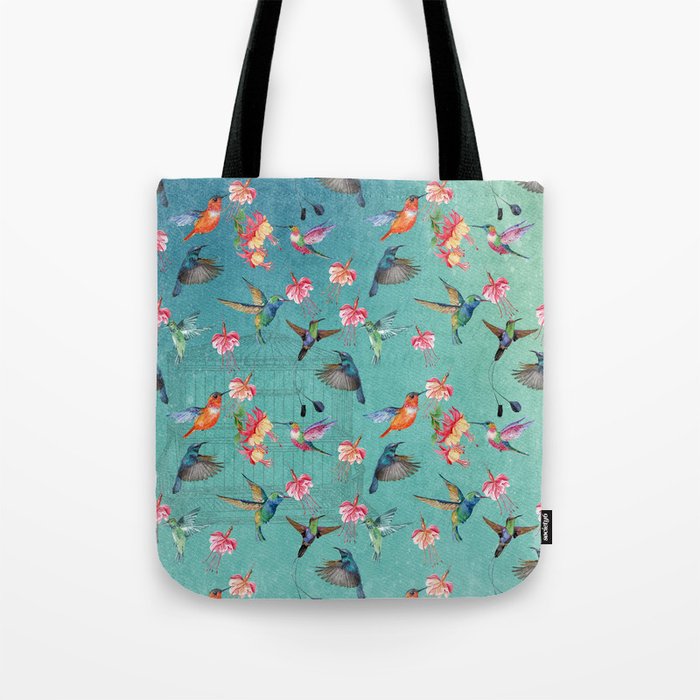 Vintage Watercolor hummingbirds and fuchsia flowers Tote Bag