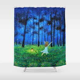 Fireflies in forest and a little girl Shower Curtain