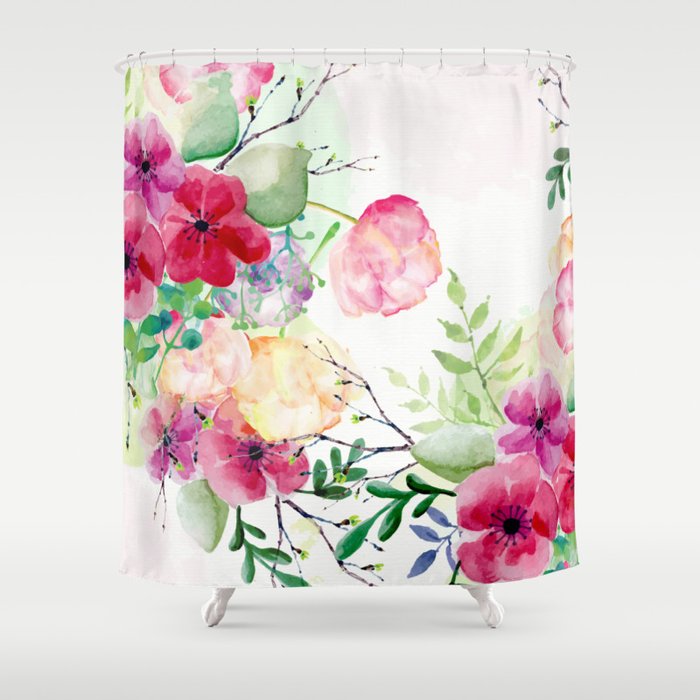 Vintage Flowers Watercolor Floral Painting Shower Curtain By