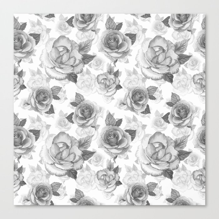 Hand Painted Black White Watercolor Roses Floral Pattern Canvas Print By Pink Water Society6