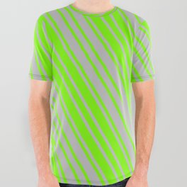 [ Thumbnail: Green and Grey Colored Pattern of Stripes All Over Graphic Tee ]