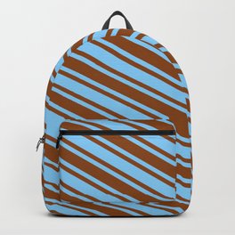 [ Thumbnail: Light Sky Blue & Brown Colored Lined/Striped Pattern Backpack ]