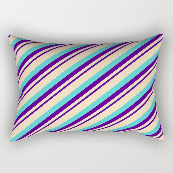 Indigo, Tan, and Turquoise Colored Striped/Lined Pattern Rectangular Pillow