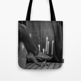 Let it all hang out; female portrait with candles in the bathtub black and white photograph - photography - photographs Tote Bag