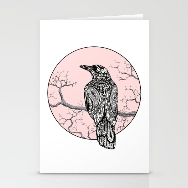 Paisley Crow with Pink Moon Stationery Cards