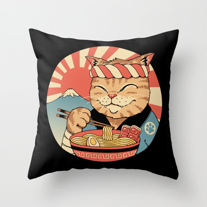Cat Samurai Ramen Throw Pillow