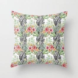 Zebra print with tropical flowers Throw Pillow