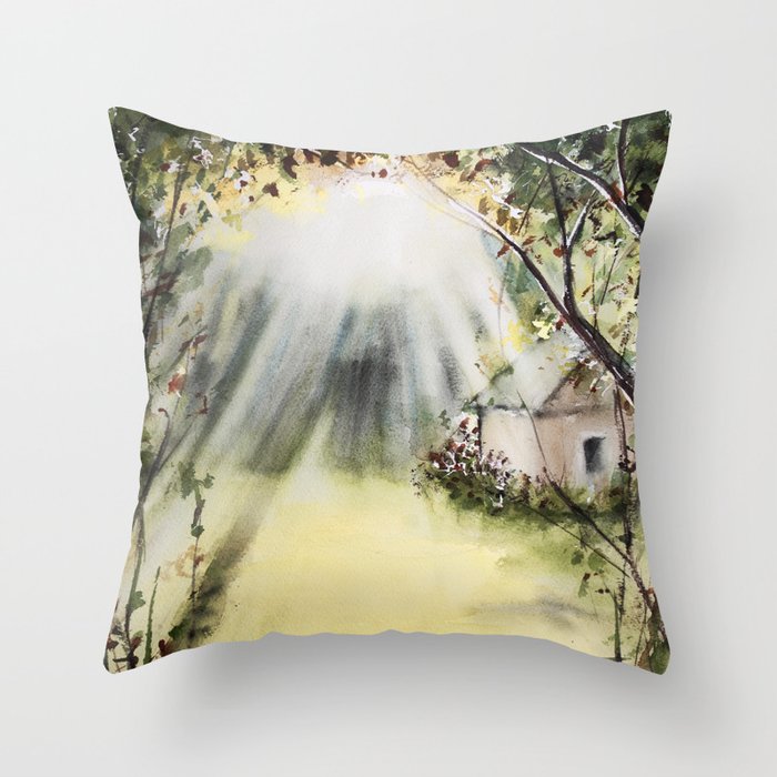 Cottage in Woods Watercolour Painting Throw Pillow