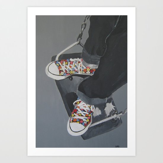 Flowered Converse shoes on a swing Art Print