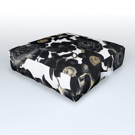 Modern Elegant Black White and Gold Floral Pattern Outdoor Floor Cushion