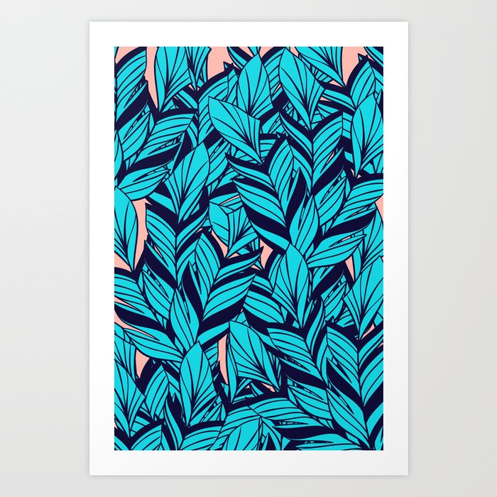 Blue Banana Leaf Pattern Art Print